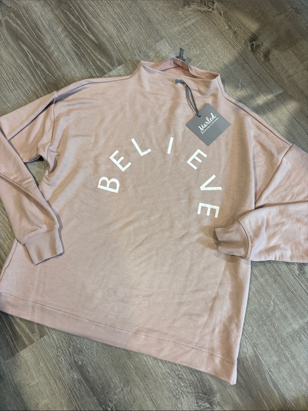 Marled blush pink mock neck 'BELIEVE' knit sweater